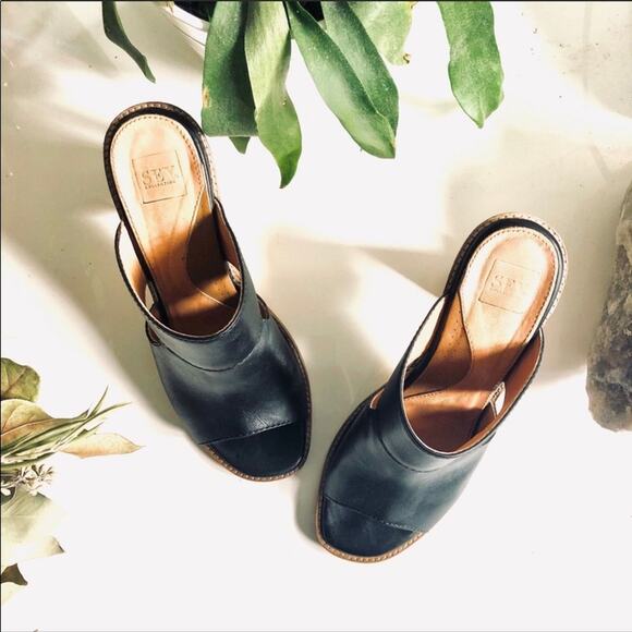 SEY Collection Black Tan Leather Mule Slide Open Toe Chunky Block Heel Shoes 9 - Picture 7 of 9